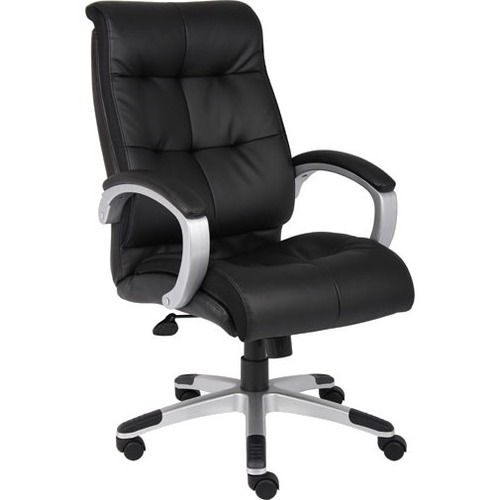 Boss Executive Seating - Black Seat Color - Leather, Plush Seat Material - Black Back Color - Leather, Plush Back Material - Silver Frame Color - High Back - 5-star Base