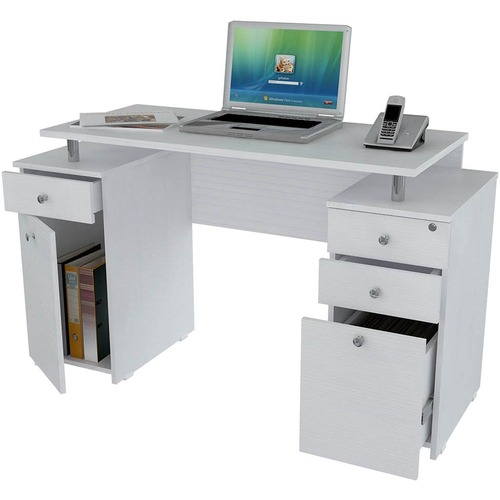 Inval Computer Desk - Rectangle Top - Pedestal Base - 4 Drawers - 43.31" Table Top Width x 19.69" Table Top Depth - 29.69" Height x 49.81" Width x 19.69" Depth - Home, Office - Assembly Required - Chrome, Laminated, Laricina White, Melamine - Engineered W