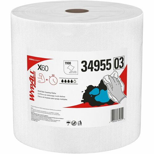 Wypall GeneralClean X60 Multi-Task Cleaning Cloth Jumbo Roll - 12.20" Length x 12.40" Width - 1100 / Roll - Absorbent, Lightweight, Solvent Resistant, Wet Strength, Residue-free - White