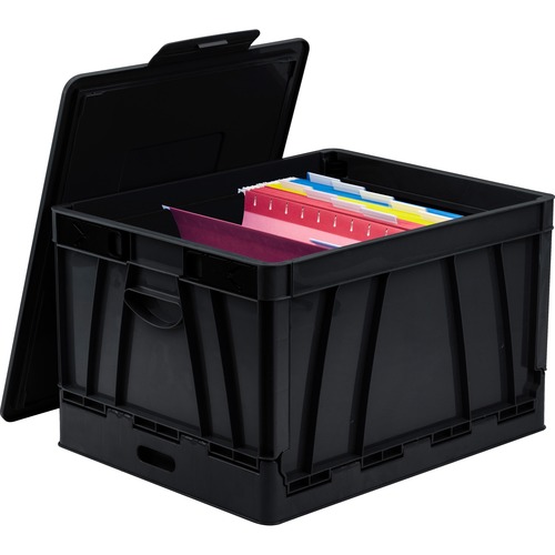 Storex Collapsible Storage Crate - External Dimensions: 14.3" Width x 17.3" Depth x 10.5"Height - 45 lb - 35.02 L - Media Size Supported: Letter, Legal - Lid Lock Closure - Heavy Duty - Stackable - Plastic - Black - For File Folder, Letter, Document, File = STX61809U04C
