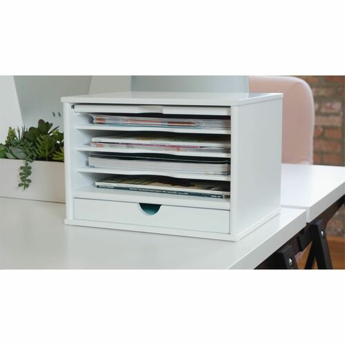 Victor W4720 Pure White Collection™ Four Shelf Desktop Organizer - White - 1 Drawer - Four Letter Sized Paper Holder Shelves- 10.90" Height x 12.80" Width x 10.60" Depth - Sturdy, Durable, Non-slip Feet, Scratch Resistant, Scuff-free - Matte White -