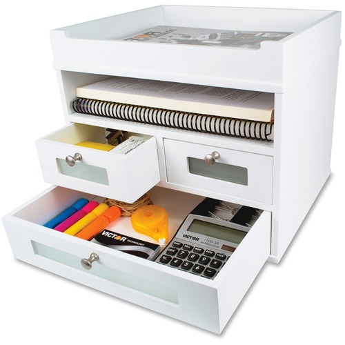 Victor W5500 Pure White Collection™ Tidy Tower Three Drawer Desktop Organizer - White - Letter Size Paper Holder - 10.75" Height x 12.30" Width x 10.80" Depth - Sturdy, Non-slip Feet, Scratch Resistant, Scuff-free, Handle - Matte White - White - Woo