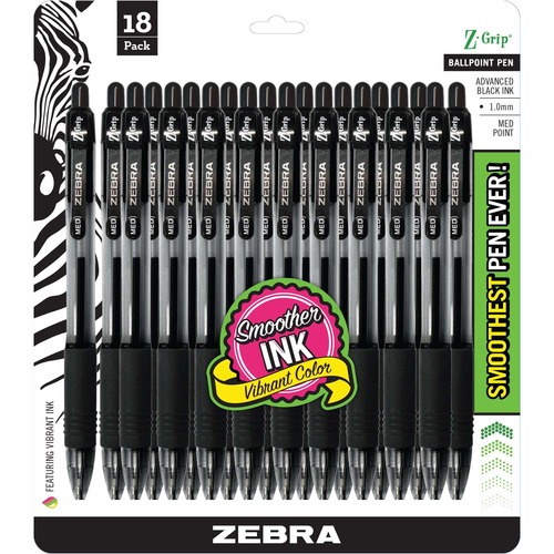 Zebra Z-Grip Retractable Ballpoint Pens - Medium Pen Point - 1 mm Pen Point Size - Retractable - Black - 18 / Pack
