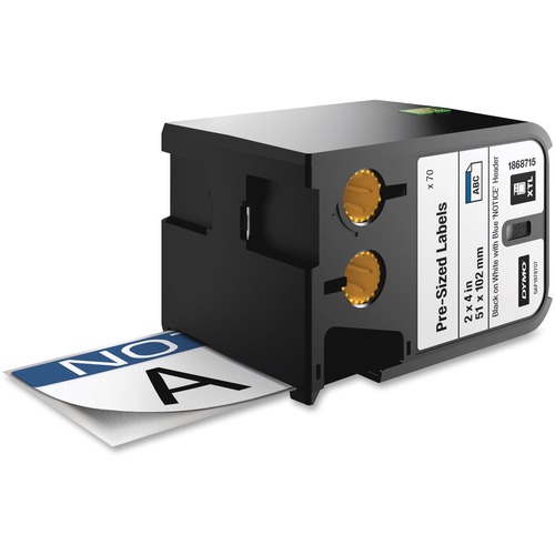 Dymo XTL Pre-Sized Safety Labels - NOTICE - 4 1/64" Width x 2 1/64" Length - Permanent Adhesive - Rectangle - Thermal Transfer - White, Blue - Vinyl - Durable, Fade Resistant, Smear Resistant - 1 Each