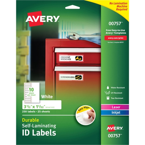 Avery® Easy Align ID Label - 1 1/32" Width x 3 1/2" Length - Permanent Adhesive - Rectangle - Laser, Inkjet - White - Film, Laminate - 10 / Sheet - 25 Total Sheets - 250 Total Label(s) - 5