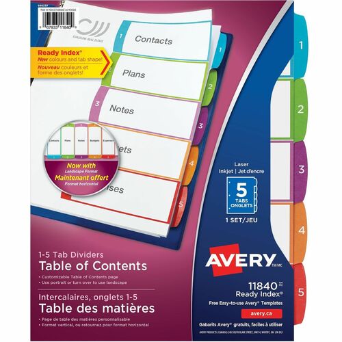 Avery® Ready Index Custom TOC Binder Dividers - 5 x Divider(s) - Table of Contents, 1-5 - 5 Tab(s)/Set - 8.50" Divider Width x 11" Divider Length - 3 Hole Punched - White Paper Divider - Multicolor Paper Tab(s) - 5 / Set - Index Dividers - AVE11840