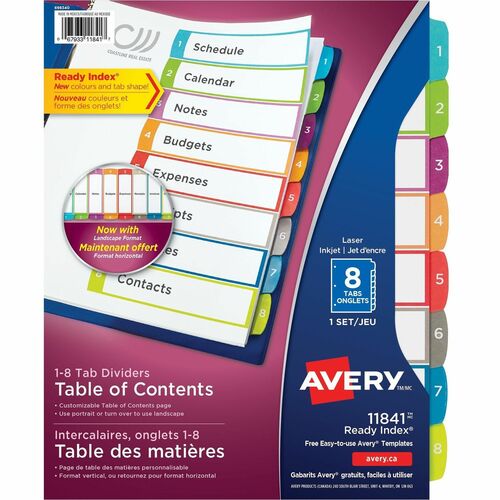 Avery® Ready Index Custom TOC Binder Dividers - 8 x Divider(s) - 1-8, Table of Contents - 8 Tab(s)/Set - 8.5" Divider Width x 11" Divider Length - 3 Hole Punched - White Paper Divider - Multicolor Paper Tab(s) - 8 / Set