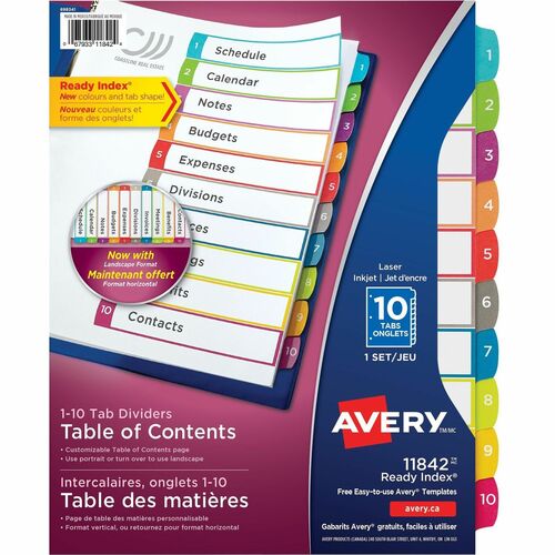 Avery® Ready Index Custom TOC Binder Dividers - 10 x Divider(s) - 1-10 - 10 Tab(s)/Set - 8.50" Divider Width x 11" Divider Length - 3 Hole Punched - White Paper Divider - Multicolor Paper Tab(s) - 10 / Set = AVE11842