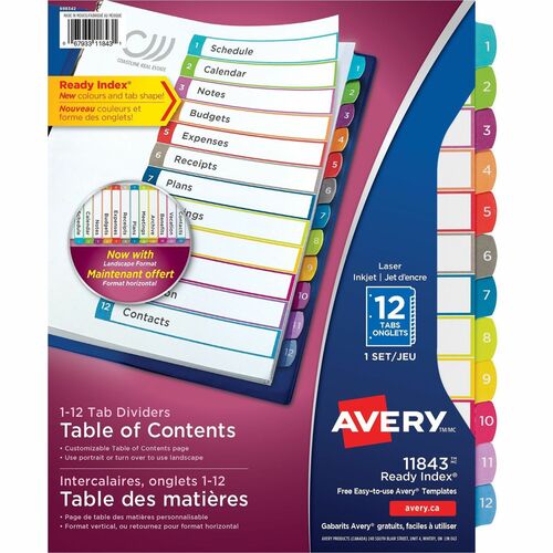 Avery® Ready Index Custom TOC Binder Dividers - 12 x Divider(s) - 1-12 - 12 Tab(s)/Set - 8.50" Divider Width x 11" Divider Length - 3 Hole Punched - White Paper Divider - Multicolor Paper Tab(s) - 12 / Set = AVE11843