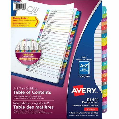 Avery® A-Z Arched Tab Custom TOC Dividers Set - 26 x Divider(s) - A-Z - 26 Tab(s)/Set - 8.50" Divider Width x 11" Divider Length - 3 Hole Punched - White Paper Divider - Multicolor Paper Tab(s) - 26 / Set = AVE11844