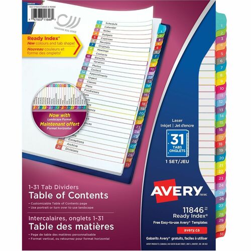 Avery® 1-31 Arched Tab Custom TOC Dividers Set - 31 x Divider(s) - 1-31, Table of Contents - 31 Tab(s)/Set - 8.50" Divider Width x 11" Divider Length - 3 Hole Punched - White Paper Divider - Multicolor Paper Tab(s) - 31 / Set