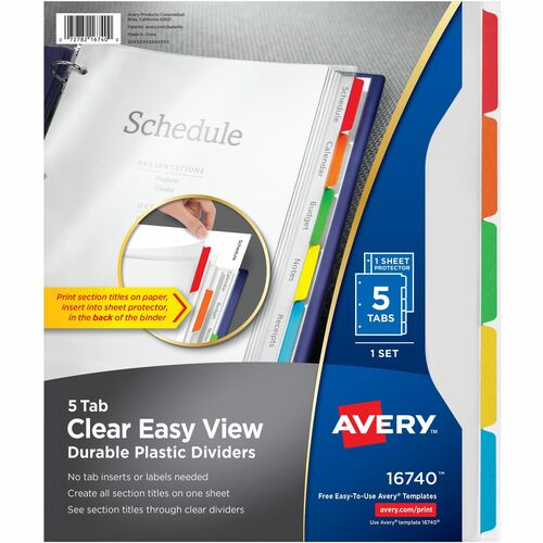 Avery® Clear Easy View Durable Plastic Dividers 5 tabs, 1 set - 5 x Divider(s) - 5 - 5 Tab(s)/Set - 8.5" Divider Width x 11" Divider Length - 3 Hole Punched - Clear Plastic Divider - Multicolor Plastic Tab(s) - 5 / Set