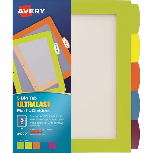 Avery® Big Tab™ UltraLast™ Plastic Dividers for Laser and Inkjet Printers, 5 tabs - 5 x Divider(s) - 5 Write-on Tab(s) - 5 - 5 Tab(s)/Set - 8.5" Divider Width x 11" Divider Length - 3 Hole Punched - Multicolor Plastic Divider - Multicolor 