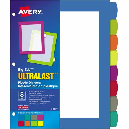 Avery® Ultralast Big Tab Plastic Dividers - 8 x Divider(s) - 8 Write-on Tab(s) - 8 - 8 Tab(s)/Set - 8.50" Divider Width x 11" Divider Length - 3 Hole Punched - Multicolor Plastic Divider - Multicolor Plastic Tab(s) - 1 Each = AVE24901