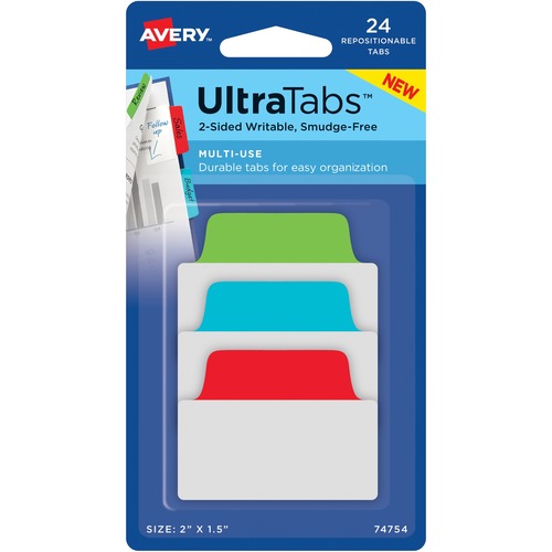 Avery® 2" Multi-use Ultra Tabs - 48 Tab(s) - 1.50" Tab Height x 2" Tab Width - Red Film, Clear Paper, Blue, Green Tab(s) - 48 / Pack