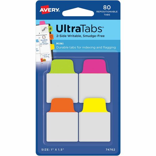 Avery® Mini Ultra Tabs - 80 Tab(s) - 1.50" Tab Height x 1" Tab Width - Clear Film, Neon Pink Paper, Neon Yellow, Neon Green, Neon Orange Tab(s) - 80 / Pack