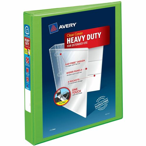 Avery® Heavy-Duty View Binders - Locking One Touch EZD Rings - 1" Binder Capacity - Letter - 8 1/2" x 11" Sheet Size - 275 Sheet Capacity - 1" Ring - Fastener(s): 3 x Ring - Pocket(s): 4, Internal - Polypropylene - Chartreuse - Recycled - Cover, Spine