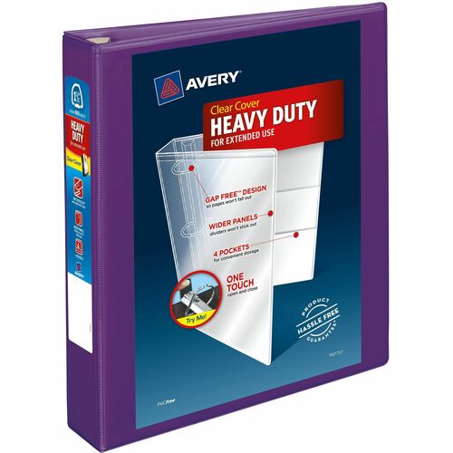 Avery® Heavy-Duty View Binders - Locking One Touch EZD Rings - 1 1/2" Binder Capacity - Letter - 8 1/2" x 11" Sheet Size - Ring Fastener(s) - 4 Internal Pocket(s) - Poly - Purple - Recycled - Cover, Spine, Divider, One Touch Ring, Gap-free Ring, Non-s - Standard Ring Binders - AVE79774