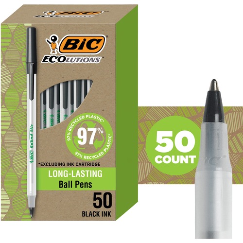 BIC Ecolutions Round Stic Ball Point Pen - Medium Pen Point - 1 mm Pen Point Size - Refillable - Black - Frost Polypropylene, Translucent Plastic Barrel - 10 / Pack