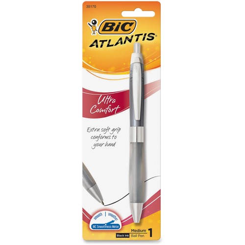 BIC Atlantis Ultra Comfort Ball Pen - 1.2 mm Medium Pen Point - Refillable - Retractable - Black Ink - Gel-based - Semi Translucent, White Barrel - 1 Each