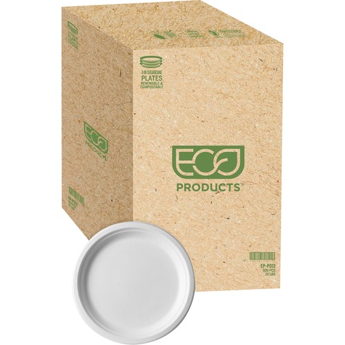 Eco-Products Sugarcane Plates - Microwave Safe - 9" Diameter - White - Sugarcane Fiber Body - 50 Pack - 500 / Carton