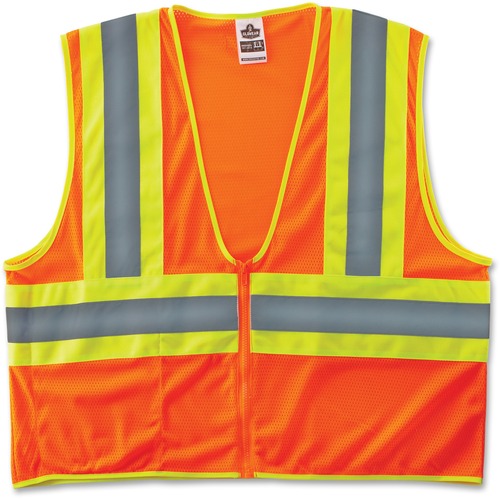 GloWear Class 2 Two-tone Orange Vest - Recommended for: Construction - Large/Extra Large Size - Zipper Closure - Polyester Mesh, Fabric - Orange, Lime, Silver - Reflective, Machine Washable, Lightweight, Zipper Closure, Pocket, High Visibility - 1 Each