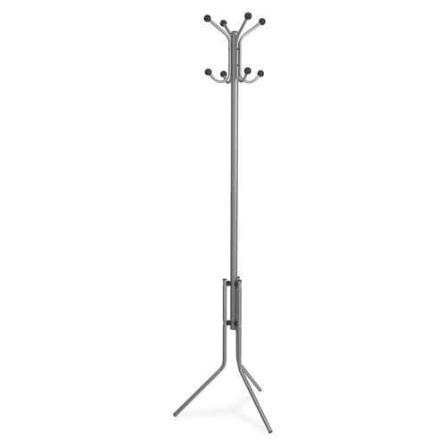 Lorell Tripod Base Coat Rack - 4 Hooks - 4 Pegs - 63.4" Height x 19" Width - for Coat, Jacket, Hat, Scarf - Metal - Silver - Powder Coated - 1 Each