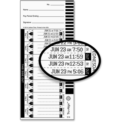 Lathem E16 Tru-Align Time Cards - 150 lb - 4" x 9" Sheet Size - White Sheet(s) - 100 / Pack - Time Cards & Time Clock Accessories - LTHE16100