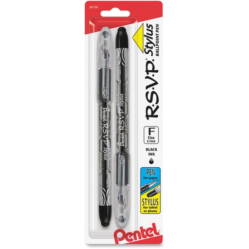 Pentel R.S.V.P. Stylus Ballpoint Pen - Fine Pen Point - Refillable - Black Ink - Clear Barrel - 2 / Pack - Stylus - PENBK90LBP2A