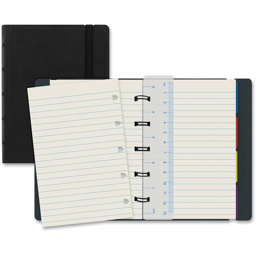 Rediform Filofax Notebook - 112 Pages - Twin Wirebound - Ruled - 5.75" (146.05 mm) x 4.13" (104.78 mm) - Cream Paper - Black Cover - Elastic Closure, Refillable, Pocket, Ruler, Indexed, Page Marker - Recycled - 1Each