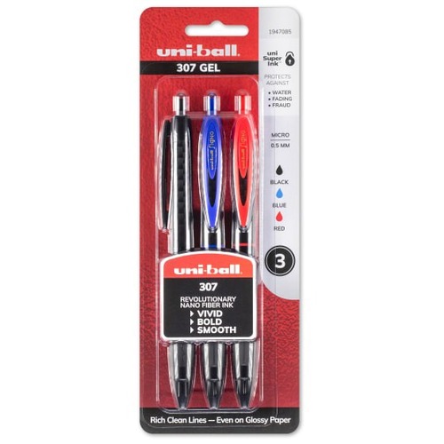 Uni-Ball .5mm 307 Gel Pens - Micro Pen Point - 0.5 mm Pen Point Size - Assorted Gel-based Ink - Assorted Barrel - 3 / Pack