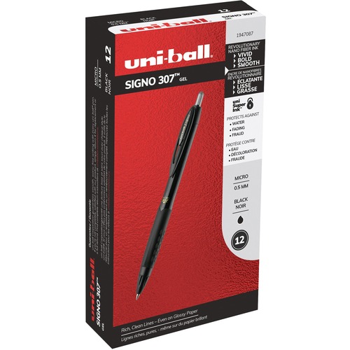 uniball™ 307 Gel Pen - Micro Pen Point - 0.5 mm Pen Point Size - Black Gel-based Ink - Black Barrel - 1 Dozen