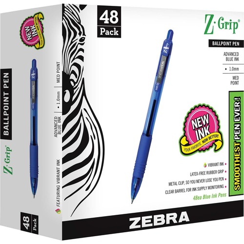 Zebra Z-Grip Retractable Ballpoint Pens - Medium Pen Point - 1 mm Pen Point Size - Retractable - Blue - Clear Plastic Barrel - 48 / Pack
