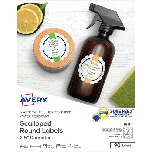 Avery® Multipurpose Label - - Width2 1/2" Diameter - Permanent Adhesive - Round Scallop - Laser, Inkjet - Matte White - Paper - 9 / Sheet - 10 Total Sheets - 90 Total Label(s) - 90 / Pack