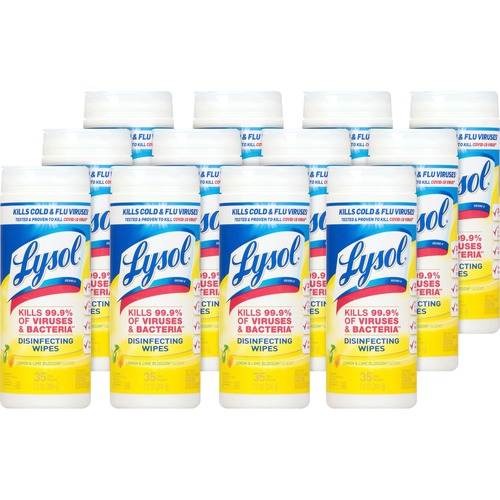 Lysol Lemon/Lime Disinfect Wipes - For Multi Surface, Multipurpose - Lemon & Lime Blossom Scent - 7" Length x 7.25" Width - 35 / Canister - 12 / Carton - Pre-moistened, Anti-bacterial, Disinfectant - White