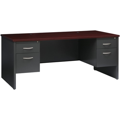 Lorell Fortress Modular Series Double-Pedestal Desk - 72" x 36" , 1.1" Top - 2 x Box, File Drawer(s) - Double Pedestal - Material: Steel - Finish: Mahogany Laminate, Charcoal - Scratch Resistant, Stain Resistant, Ball-bearing Suspension, Grommet, Handle, 
