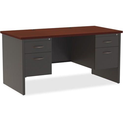Lorell Fortress Modular Series Double-Pedestal Desk - 60" x 30" , 1.1" Top - 2 x Box, File Drawer(s) - Double Pedestal - Material: Steel - Finish: Mahogany Laminate, Charcoal - Scratch Resistant, Stain Resistant, Ball-bearing Suspension, Grommet, Handle, 