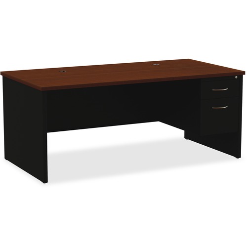 Lorell Fortress Modular Series Right-Pedestal Desk - 72" x 36" , 1.1" Top - 2 x Box, File Drawer(s) - Single Pedestal on Right Side - Material: Steel - Finish: Walnut Laminate, Black - Scratch Resistant, Stain Resistant, Ball-bearing Suspension, Grommet, 
