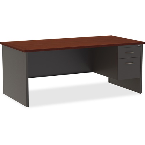 Lorell Fortress Modular Series Right-Pedestal Desk - 72" x 36" , 1.1" Top - 2 x Box, File Drawer(s) - Single Pedestal on Right Side - Material: Steel - Finish: Mahogany Laminate, Charcoal - Scratch Resistant, Stain Resistant, Ball-bearing Suspension, Grom