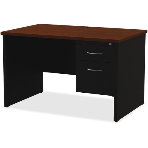 Lorell Fortress Modular Series Right-Pedestal Desk - 48" x 30" , 1.1" Top - 2 x Box, File Drawer(s) - Single Pedestal on Right Side - Material: Steel - Finish: Walnut Laminate, Black - Scratch Resistant, Stain Resistant, Ball-bearing Suspension, Grommet, 