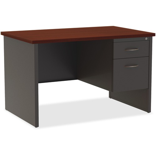 Lorell Fortress Modular Series Right-Pedestal Desk - 48" x 30" , 1.1" Top - 2 x Box, File Drawer(s) - Single Pedestal on Right Side - Material: Steel - Finish: Mahogany Laminate, Charcoal - Scratch Resistant, Stain Resistant, Ball-bearing Suspension, Grom