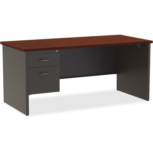 Lorell Fortress Modular Series Left-Pedestal Desk - 66" x 30" , 1.1" Top - 2 x Box, File Drawer(s) - Single Pedestal on Left Side - Material: Steel - Finish: Mahogany Laminate, Charcoal - Scratch Resistant, Stain Resistant, Ball-bearing Suspension, Gromme