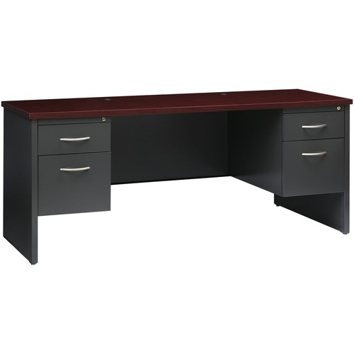 Lorell Fortress Modular Series Double-pedestal Credenza - 72" x 24" , 1.1" Top - 2 x Box, File Drawer(s) - Double Pedestal - Material: Steel - Finish: Mahogany Laminate, Charcoal - Scratch Resistant, Stain Resistant, Ball-bearing Suspension, Grommet, Hand