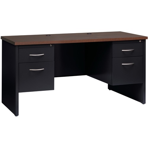 Lorell Fortress Modular Series Double-pedestal Credenza - 60" x 24" , 1.1" Top - 2 x Box, File Drawer(s) - Double Pedestal - Material: Steel - Finish: Walnut Laminate, Black - Scratch Resistant, Stain Resistant, Ball-bearing Suspension, Grommet, Handle, C
