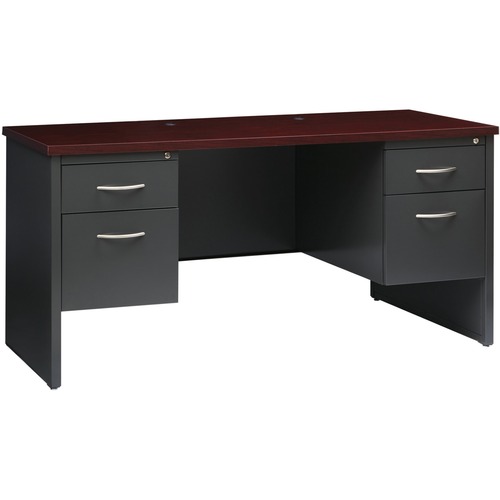 Lorell Fortress Modular Series Double-pedestal Credenza - 60" x 24" , 1.1" Top - 2 x Box, File Drawer(s) - Double Pedestal - Material: Steel - Finish: Mahogany Laminate, Charcoal - Scratch Resistant, Stain Resistant, Ball-bearing Suspension, Grommet, Hand