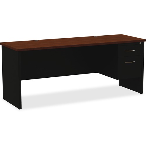 Lorell Fortress Modular Series Right-pedestal Credenza - 72" x 24" , 1.1" Top - 2 x Box, File Drawer(s) - Single Pedestal on Right Side - Material: Steel - Finish: Walnut Laminate, Black - Scratch Resistant, Stain Resistant, Ball-bearing Suspension, Gromm