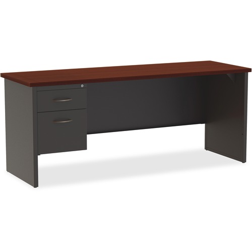 Lorell Fortress Modular Series Left-pedestal Credenza - 72" x 24" , 1.1" Top - 2 x Box, File Drawer(s) - Single Pedestal on Left Side - Material: Steel - Finish: Mahogany Laminate, Charcoal - Scratch Resistant, Stain Resistant, Ball-bearing Suspension, Gr