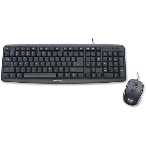 Verbatim Slimline Corded USB Keyboard and Mouse-Black - USB 2.0 Cable - Black - USB 2.0 Cable - Optical - 3 Button - Scroll Wheel - QWERTY - Black - Compatible with Computer - 1 Pack