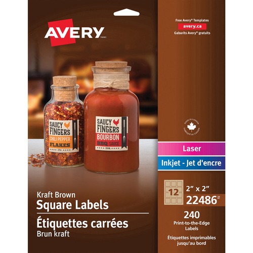 Avery® Kraft Brown Square Labels - 2" x 2" Length - Square - Laser, Inkjet - Brown - Kraft - 12 / Sheet - 240 / Pack - Eco-friendly, Water Based, Chlorine-free, Print-to-the Edge, Customizable