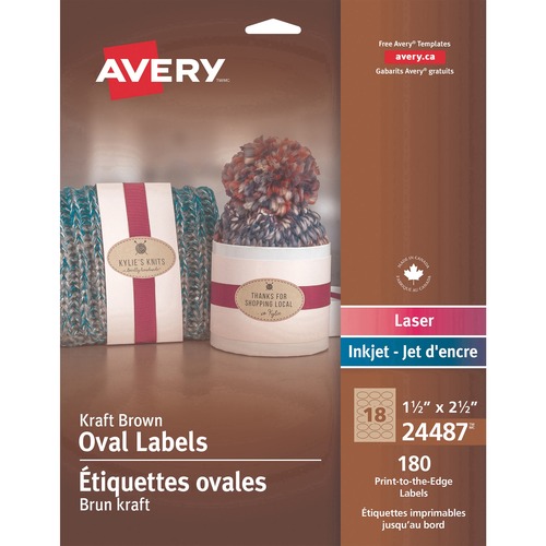 Avery® Kraft Brown Oval Labels - 2 1/2" x 1 1/2" Length - Oval - Laser, Inkjet - Brown - Kraft - 18 / Sheet - 180 / Pack - Eco-friendly, Adhesive, Water Based, Chlorine-free, Print-to-the Edge, Customizable - ID & Specialty Labels - AVE24487